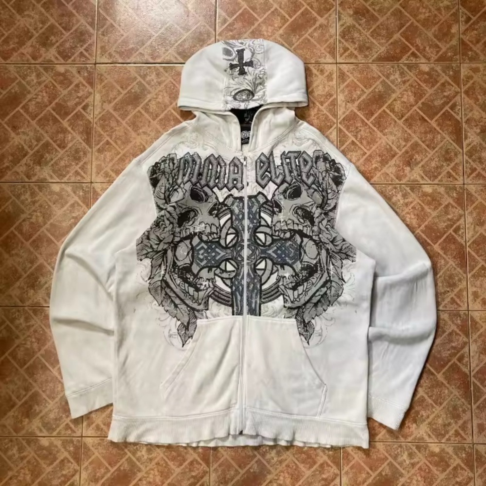 White Graphic Zip-Up Hoodie